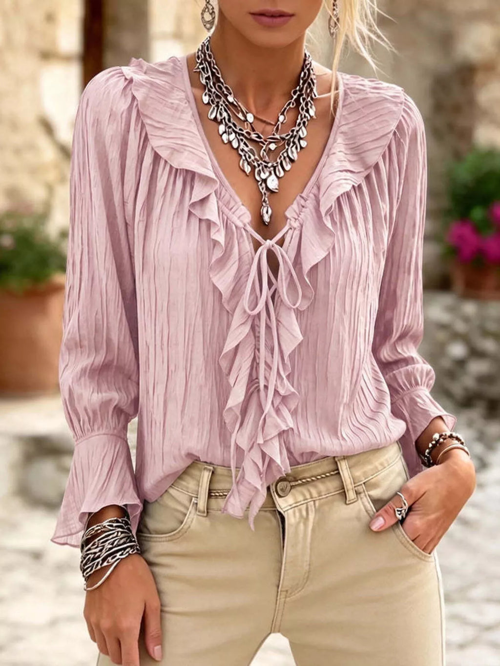 Ruffled Tie Neck Long Sleeve Blouse
