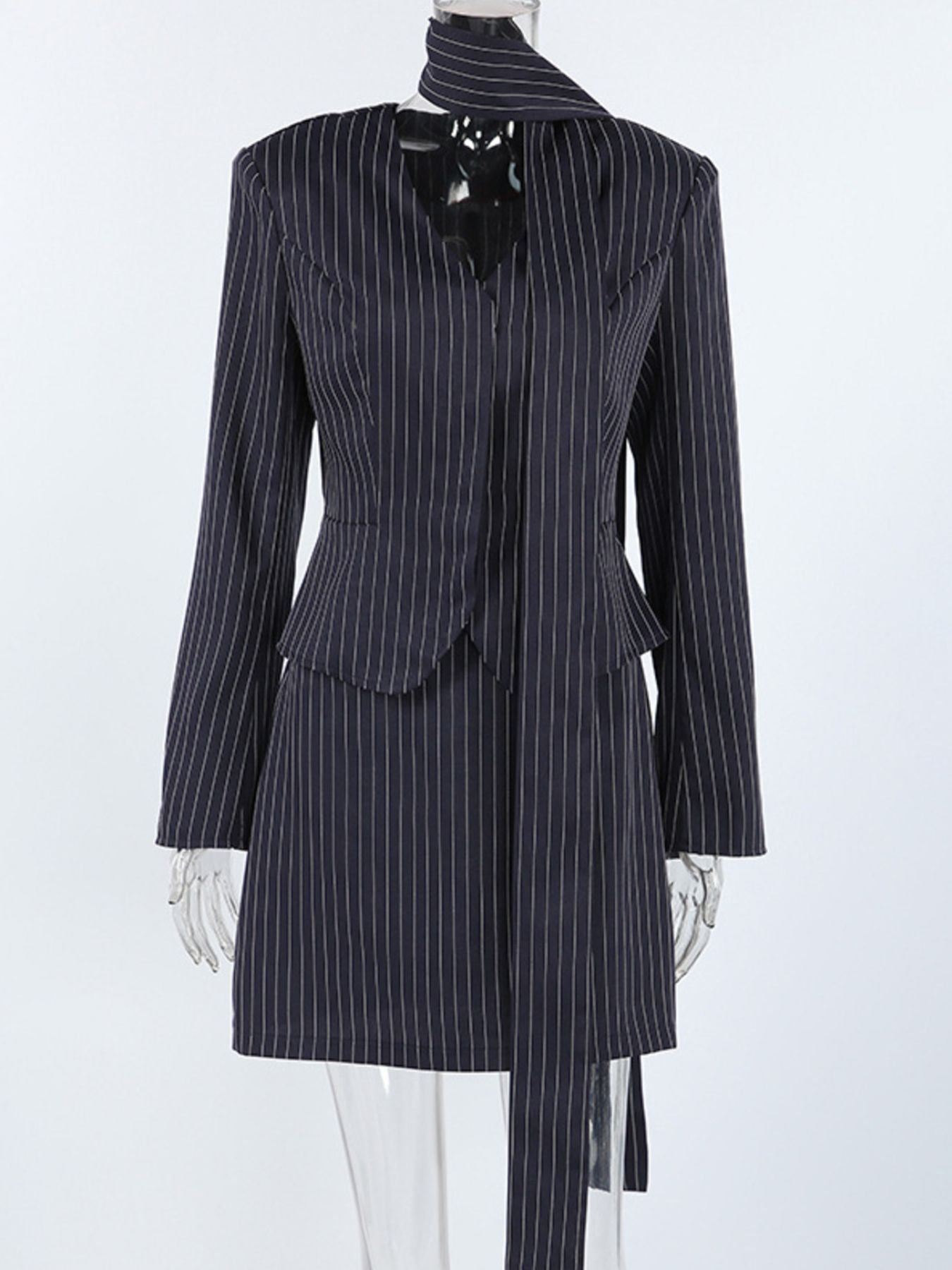 Belle Bijouix navy pinstripe blazer and mini skirt set with neck tie, peplum waist
