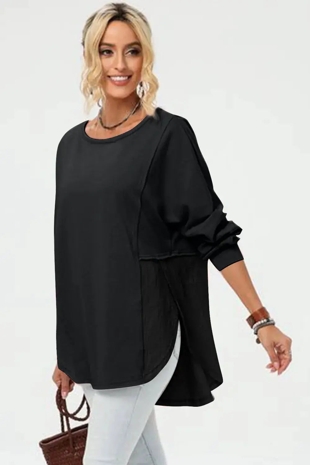Double Take full-size black long-sleeve high-low T-shirt with side slit