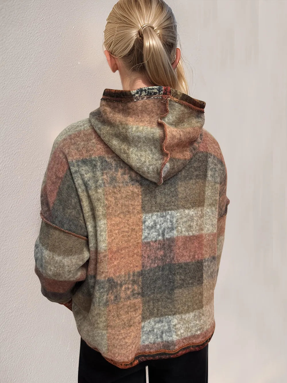 Double Take Full Size Plaid Dropped Shoulder Fleece Hoodie, back view in earthy orange-brown-gray plaid.