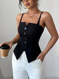 Button-front fitted cami in black with thin adjustable straps and front button placket.
