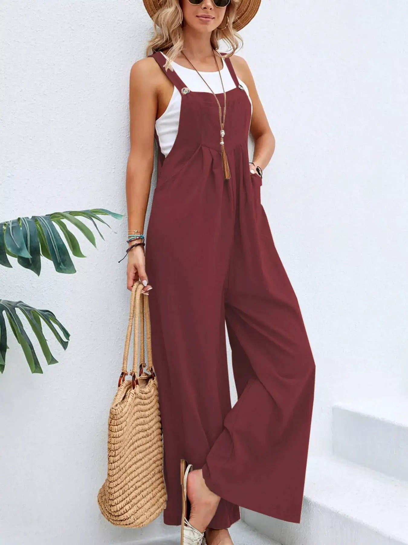 Belle Bijouix plus-size full-size casual wide-leg overalls with pockets in burgundy