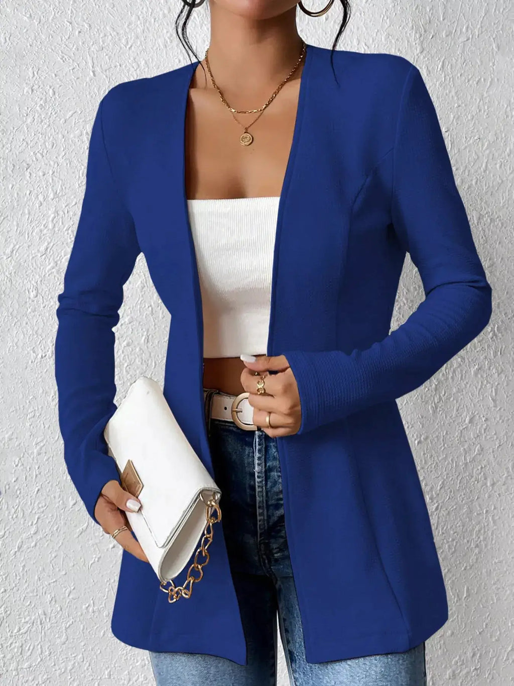 Single-Button Long Sleeve Blazer by Belle Bijouix, royal blue structured top