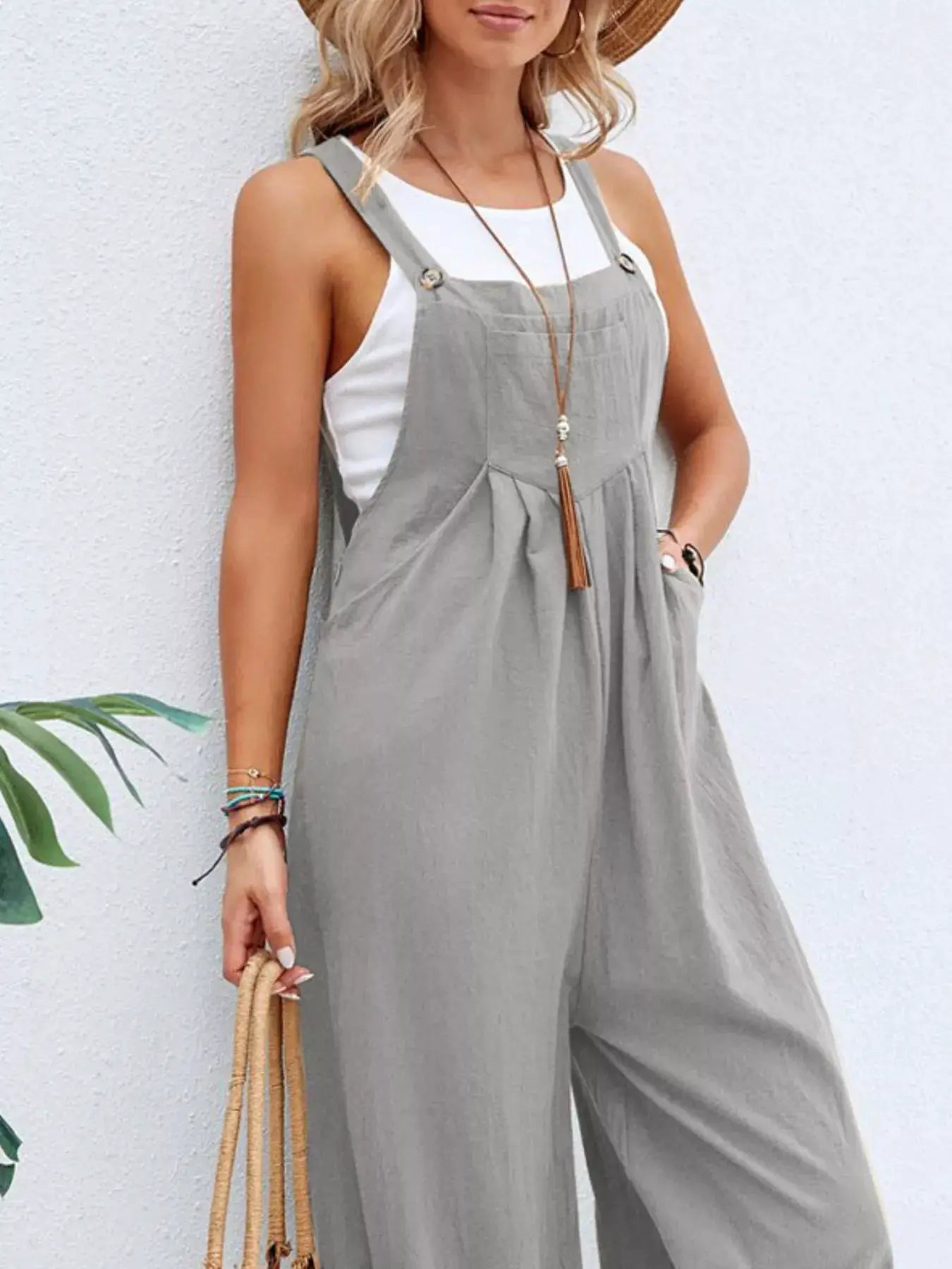 Full Size Casual Wide-Leg Overalls with Pockets, gray, plus-size