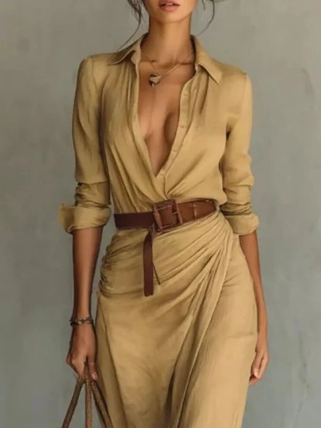 Full-Size Ruched Long-Sleeve Maxi Dress by Belle Bijouix, belted beige plus-size