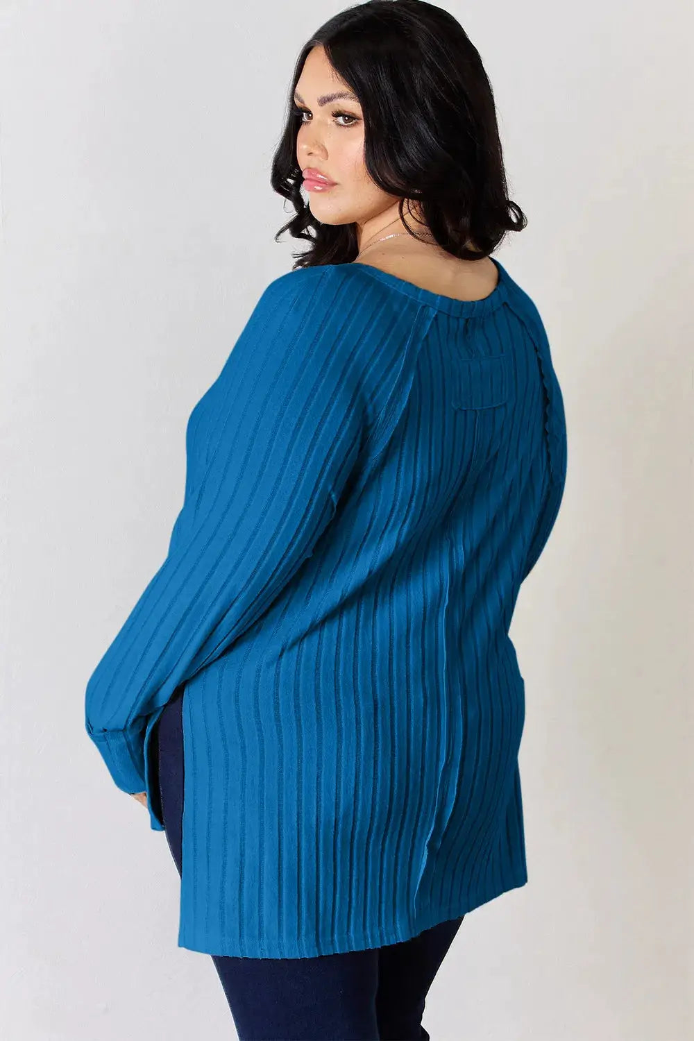 Basic Bae full-size ribbed round-neck slit T-shirt in teal blue, oversized fit