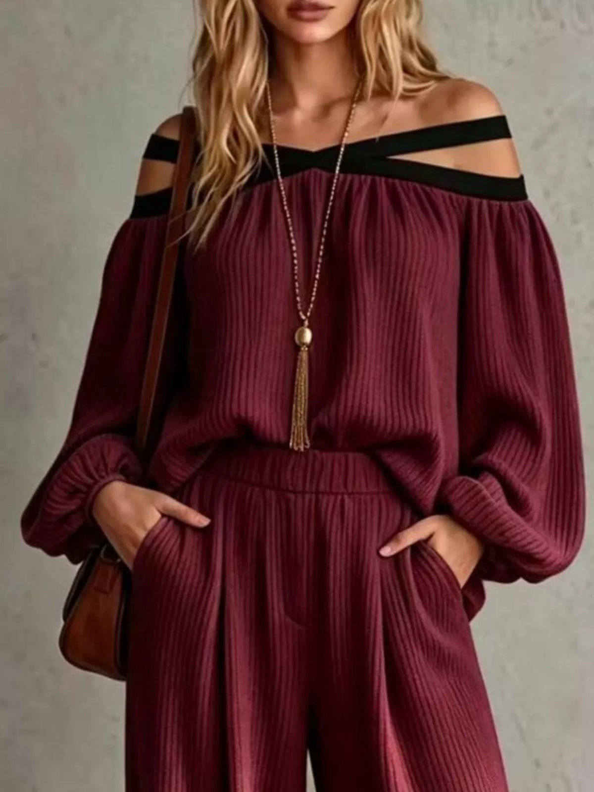 Off-Shoulder Crisscross Top & Wide-Leg Pants Set by Belle Bijouix – view 11 of 12