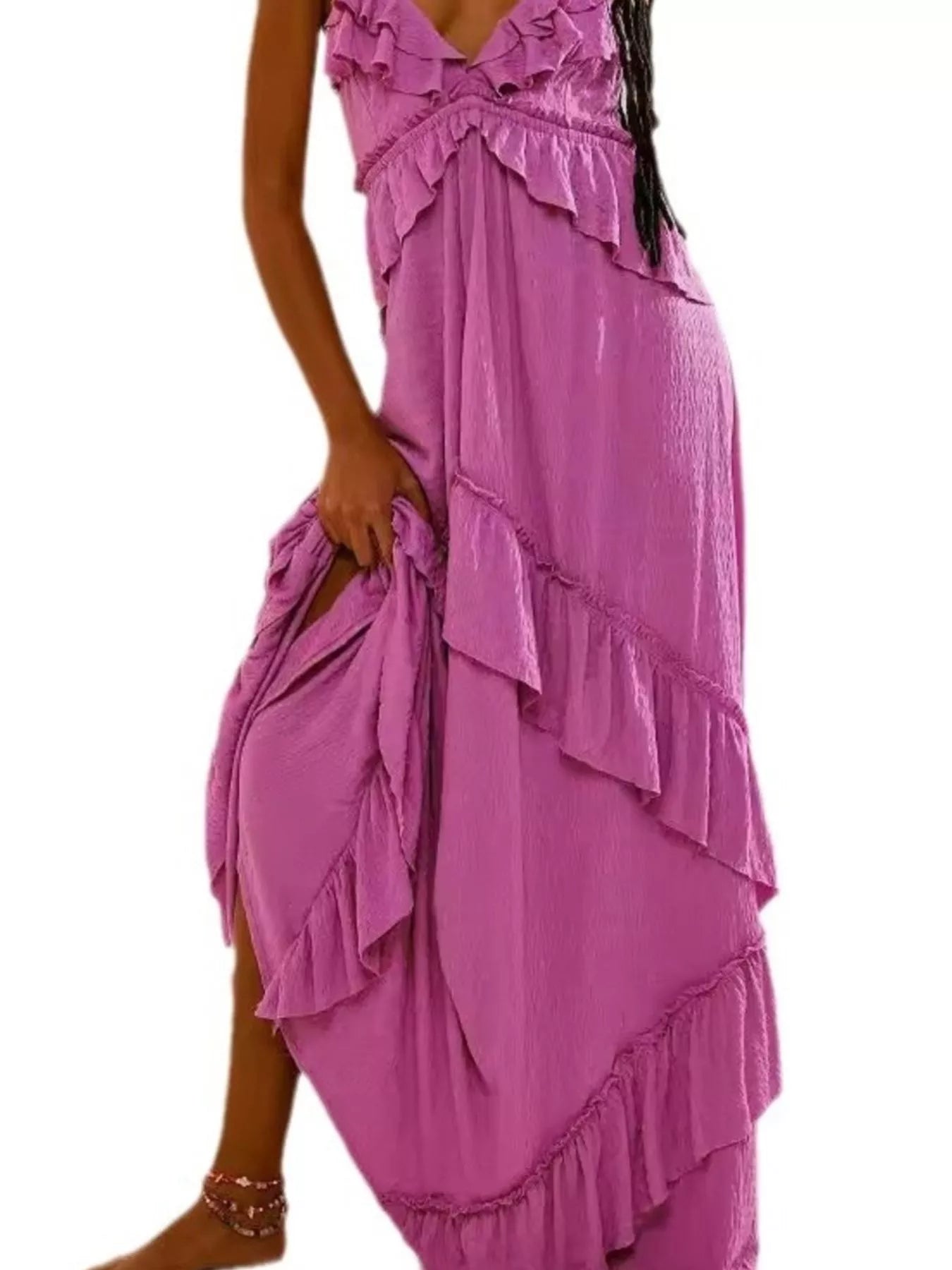 Ruffled halter neck maxi dress by Belle Bijouix in purple with tiered ruffles