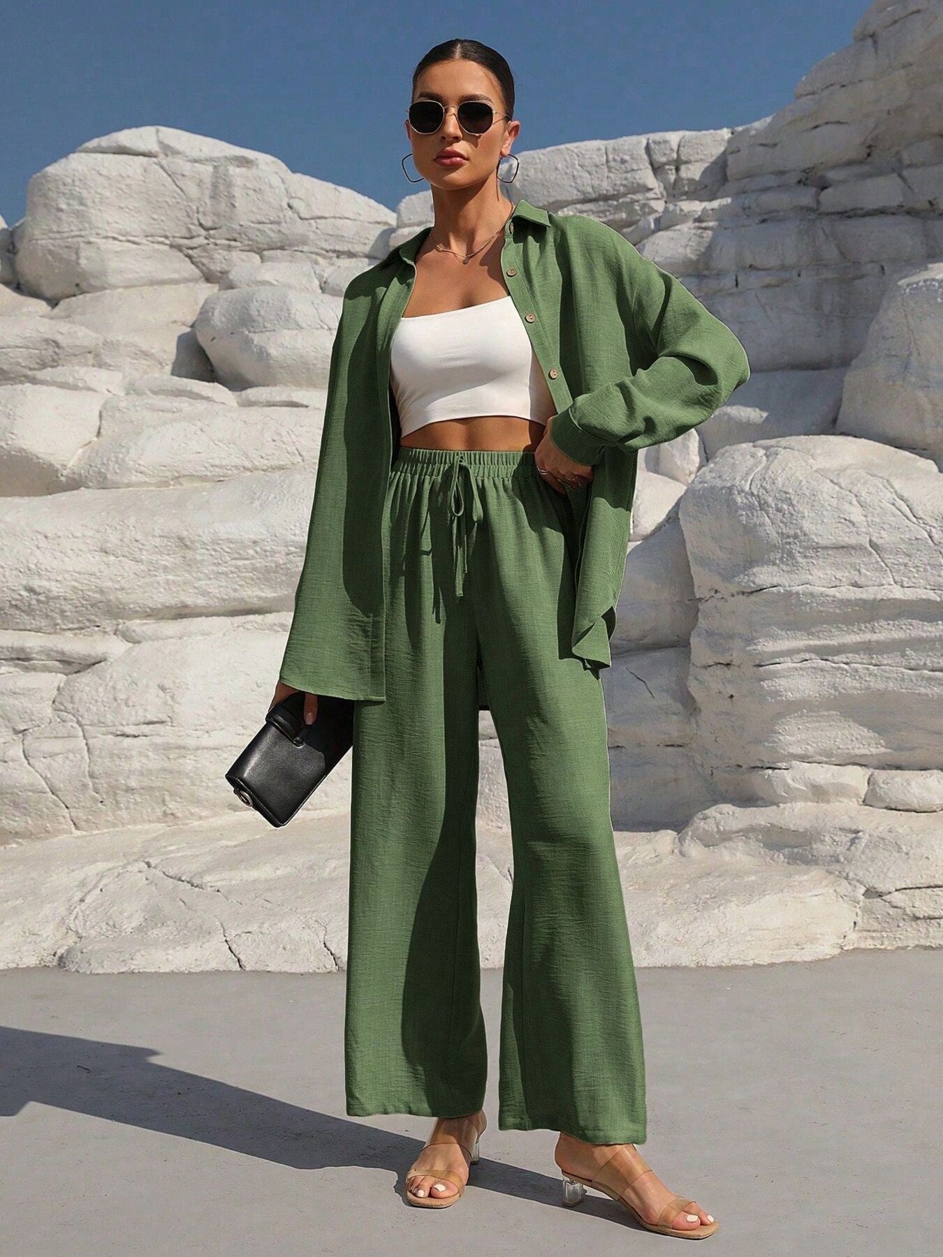 Button Up Long Sleeve Shirt and Pants Set by Trendsi in green with matching wide-leg pants