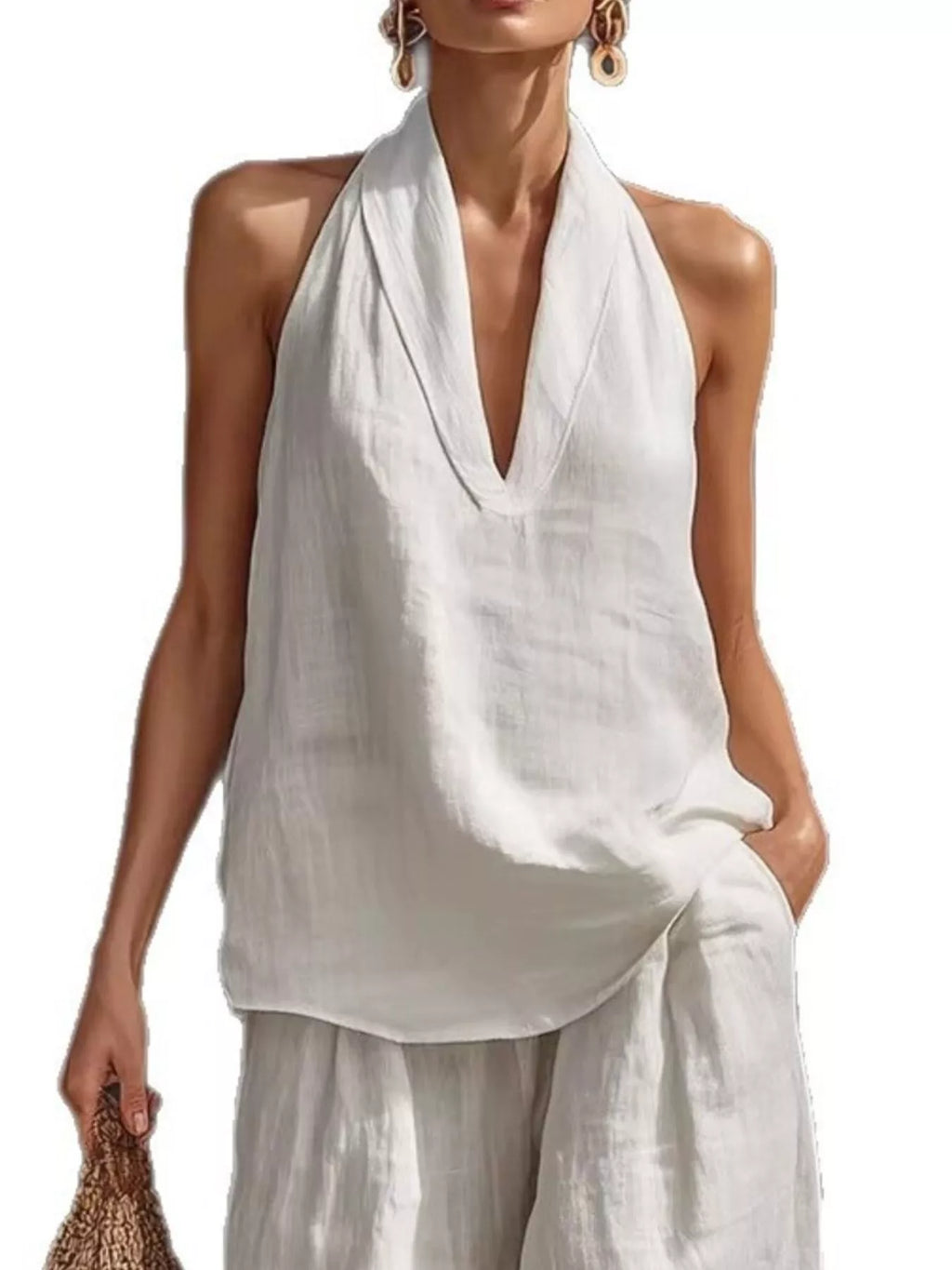 Trendsi plus-size white halter-neck top and wide-leg linen pants set