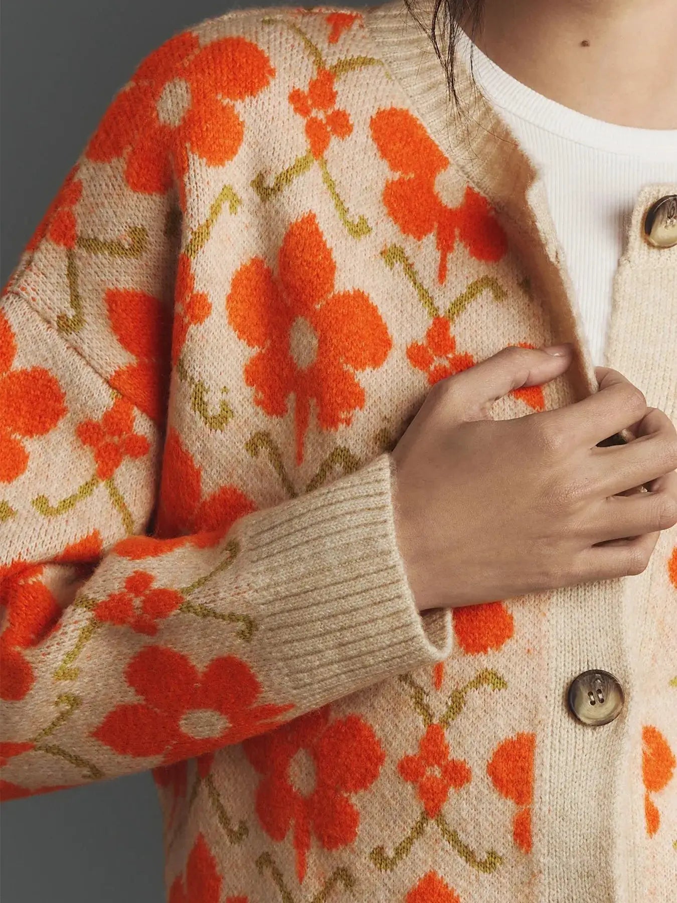 Flower Button Up Long Sleeve Cardigan in beige knit with orange floral pattern