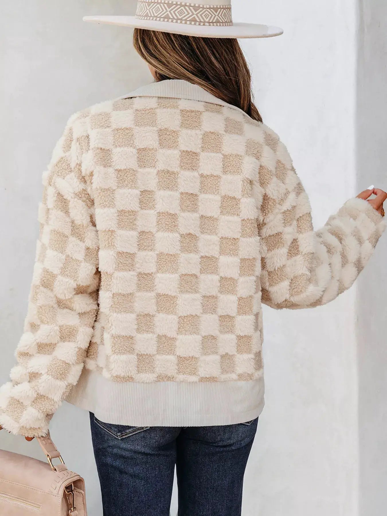 Checker Sherpa Corduroy Patchwork Zip-Up Jacket with pockets in beige tones