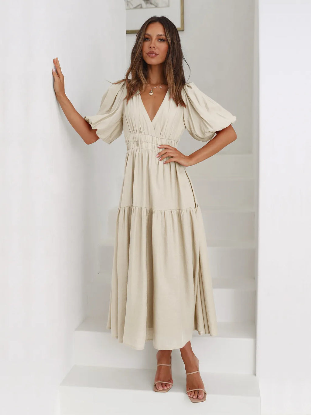 Tiered Surplice Half-Sleeve Midi Dress in Cream by Belle Bijouix