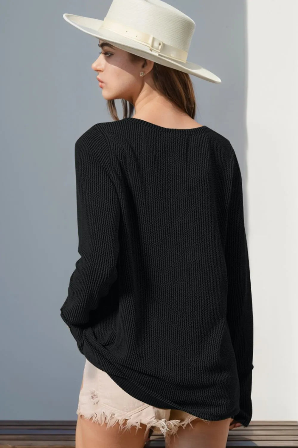 Double Take full-size notched thumbhole long sleeve T-shirt in black knit, back view on model