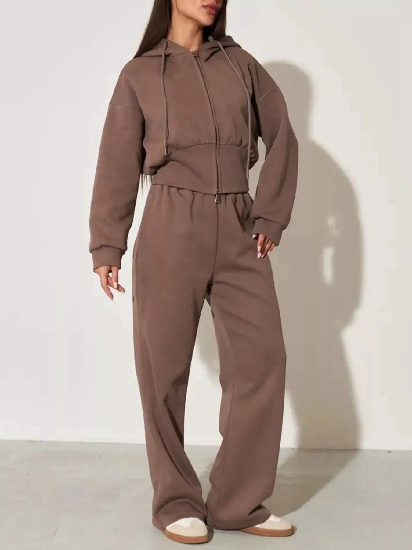 Zip-Up Hoodie & Wide Leg Pants Set by Belle Bijouix; women's taupe lounge two-piece.