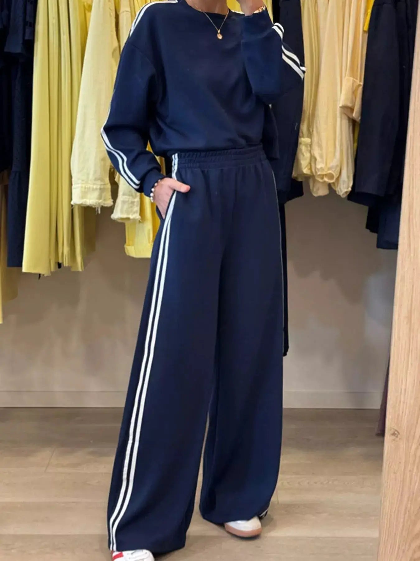 Striped Detail Crewneck Top and Elastic Sweatpants 2pc Set in navy with white stripes, activewear