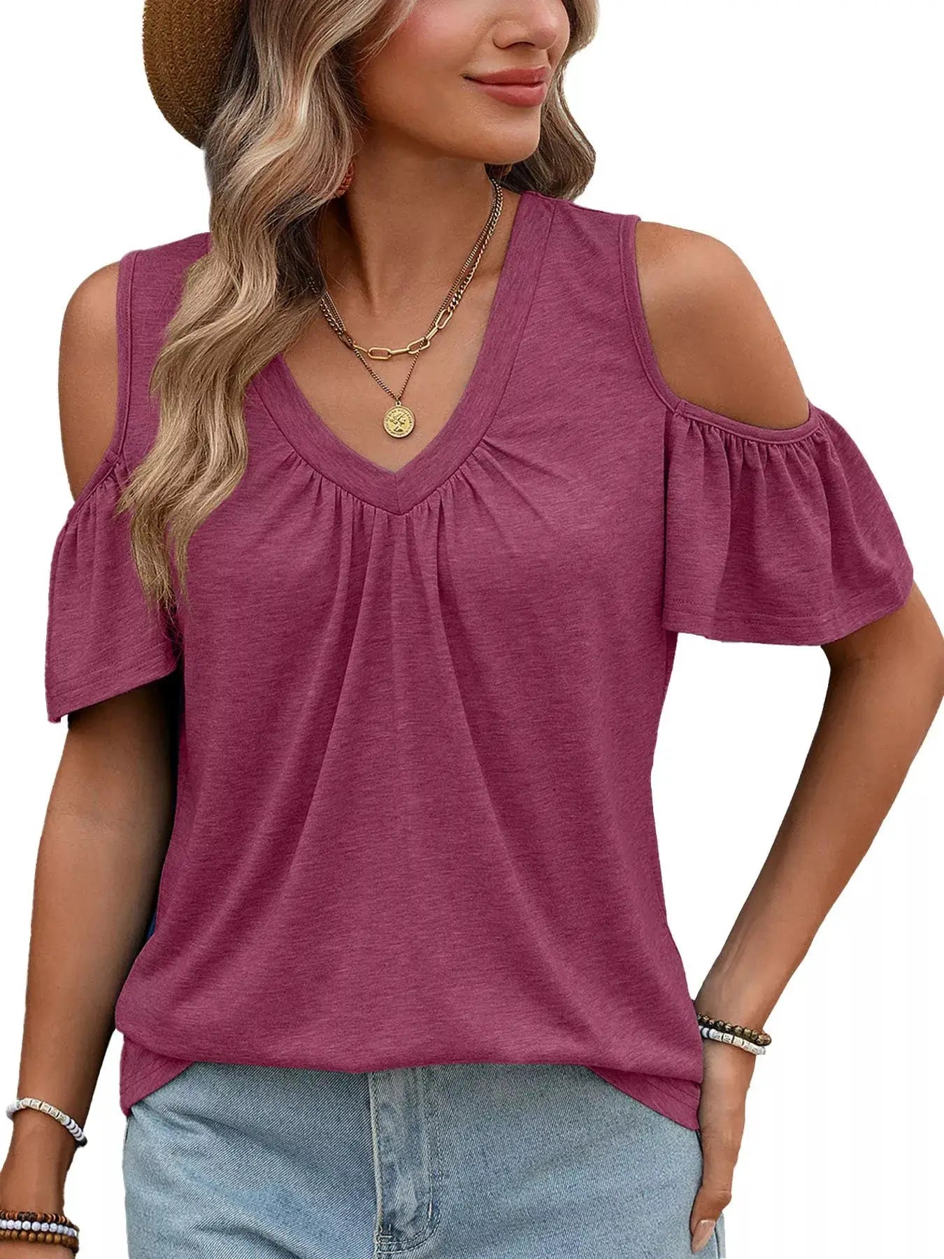 Trendsi cold-shoulder V-neck T-shirt in mauve with short flutter sleeves
