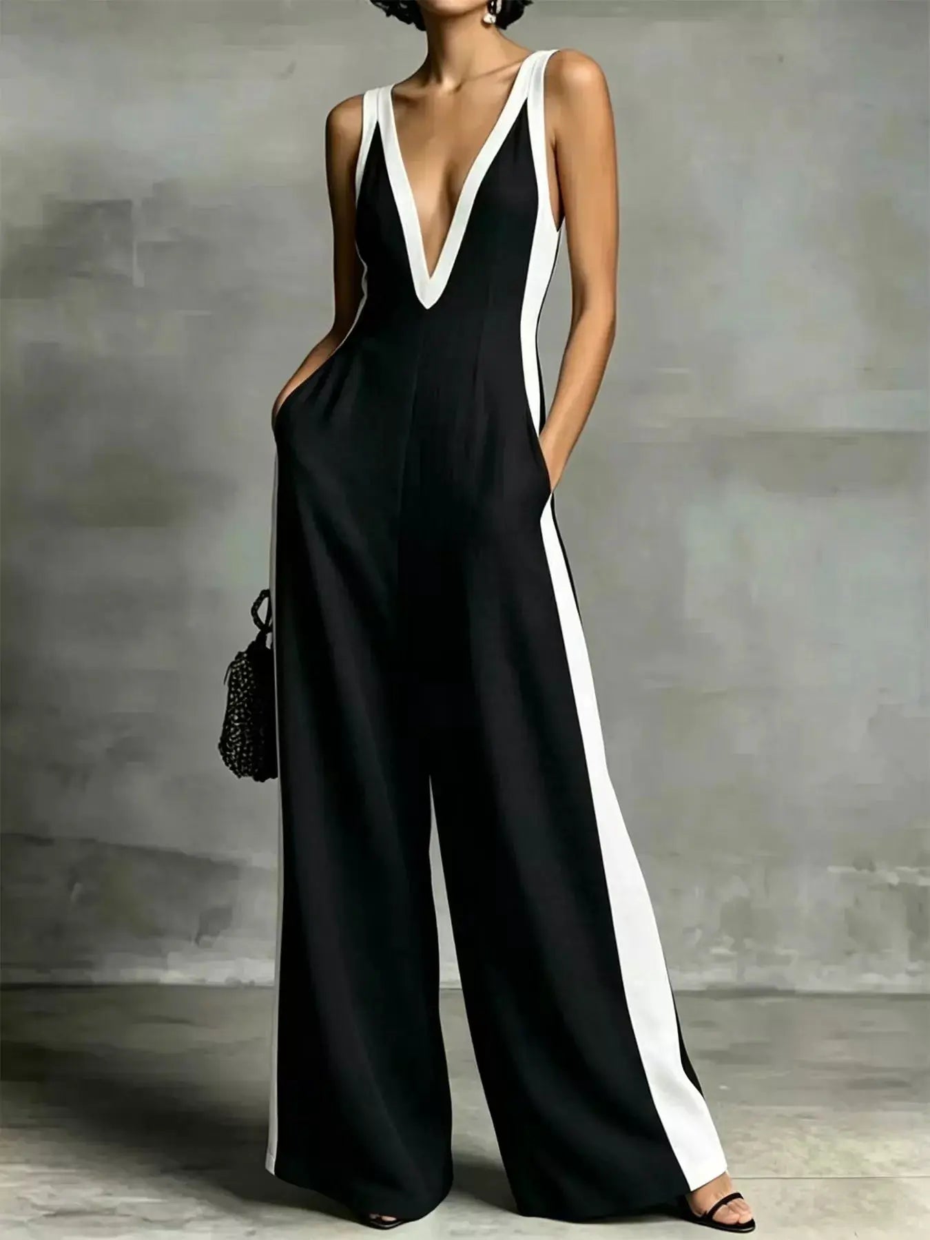 Deep V-Neck Wide-Leg Jumpsuit in black with white contrast trim, one-piece