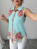 Button Up Sleeveless Shirt by Belle Bijouix in aqua with paisley floral print and light blue collar