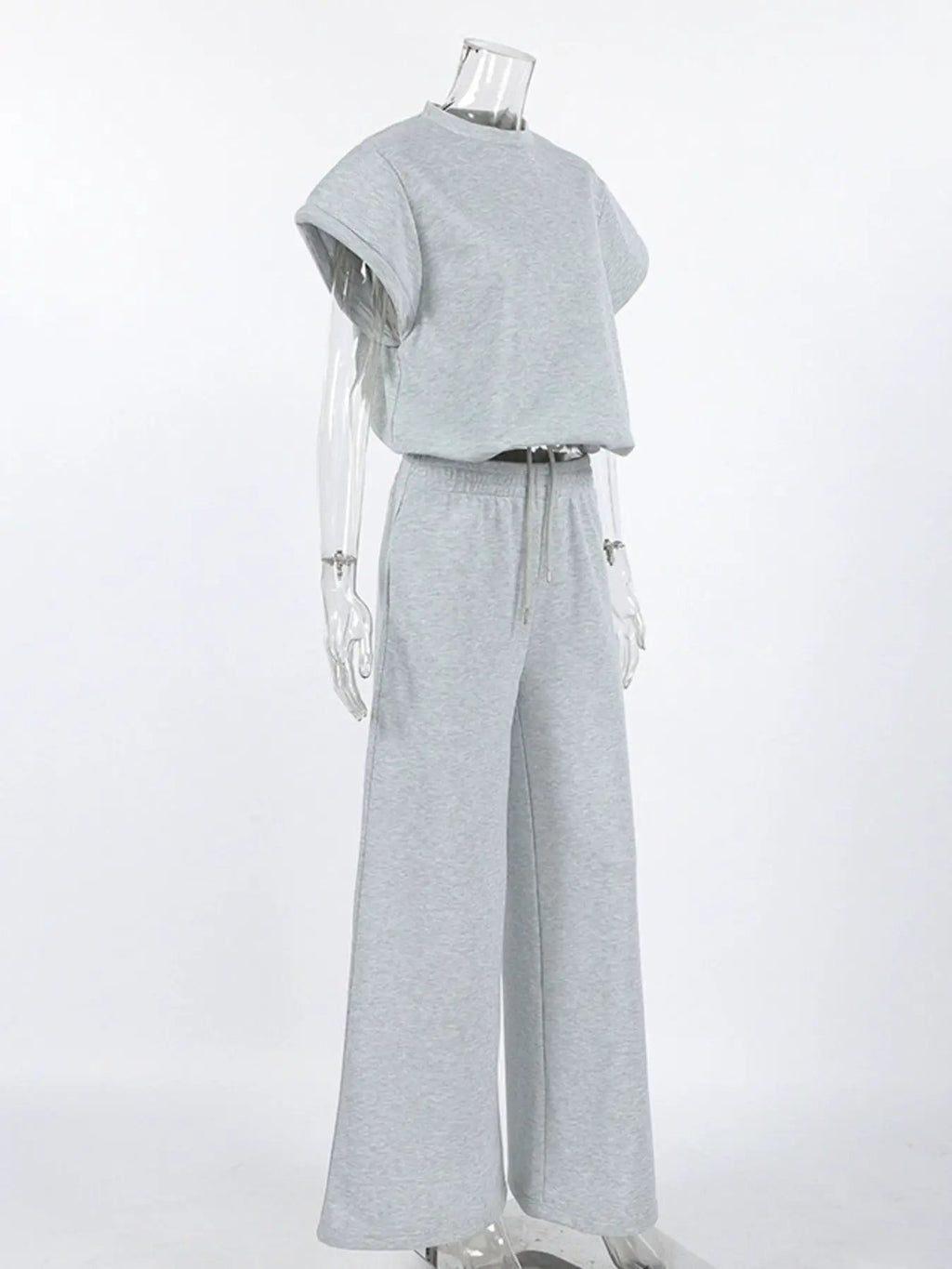 Round Neck Top and Wide Leg Pants Set by Belle Bijouix, heather gray 2-piece activewear outfit