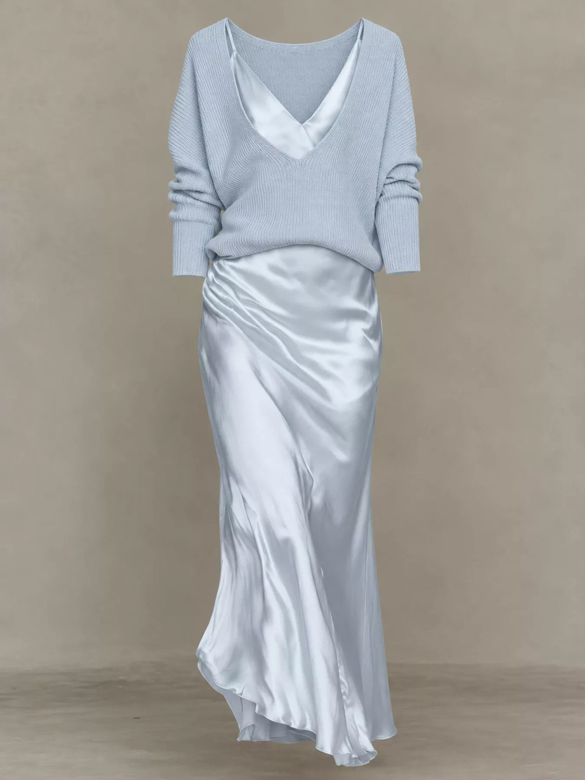 V-Neck Sweater & Satin Slip Maxi Dress Set in Light Blue by Belle Bijouix – view 20 of 41