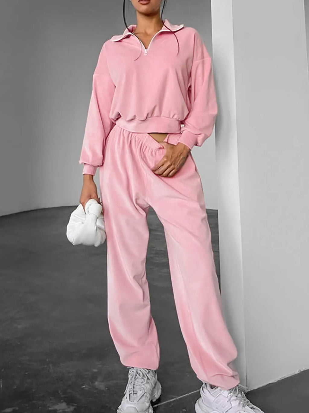 Quarter Zip Long Sleeve Top and Pants Set, two-piece pink velour sleepwear/loungewear