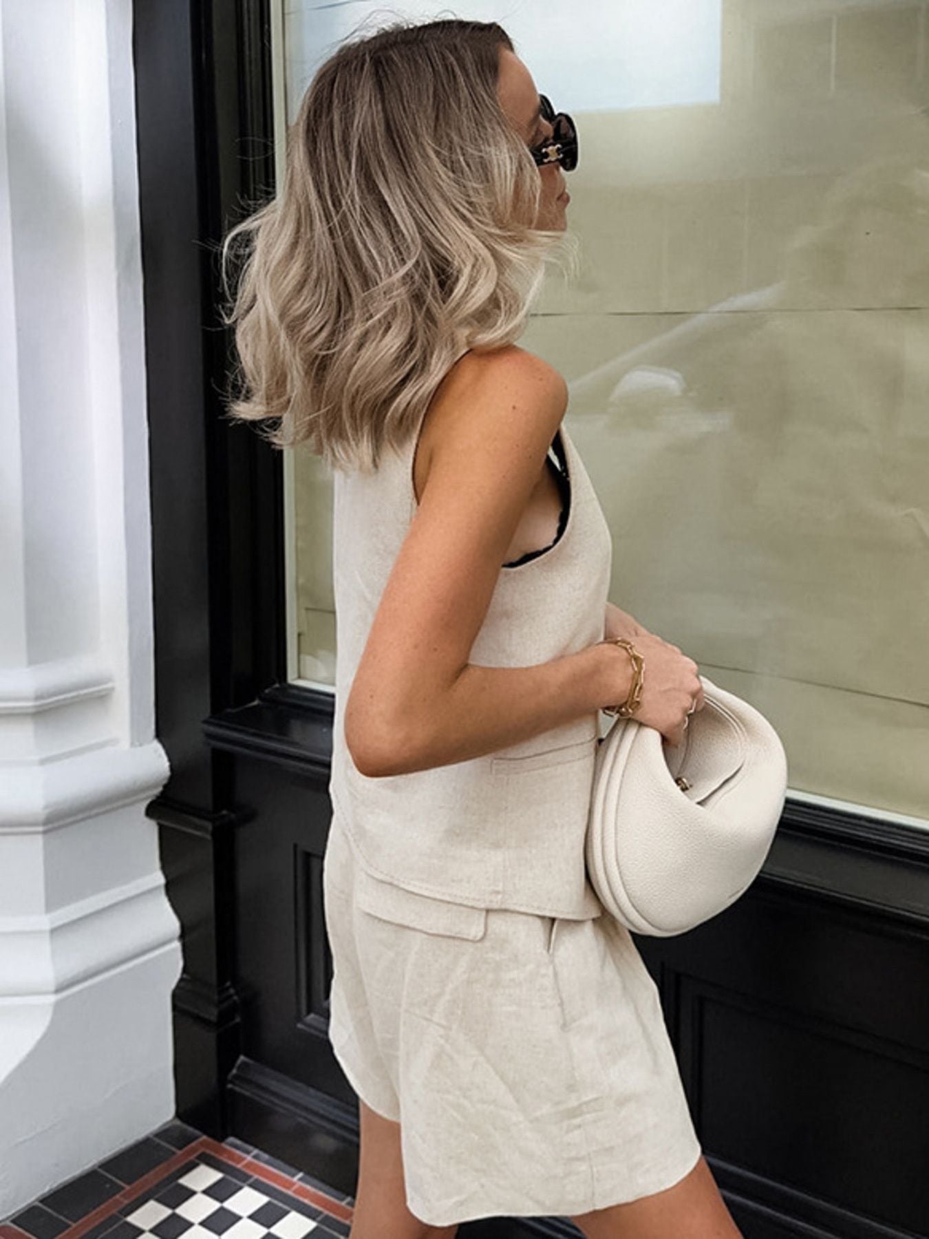Two-piece Button Up Vest and Shorts Set in beige with pockets