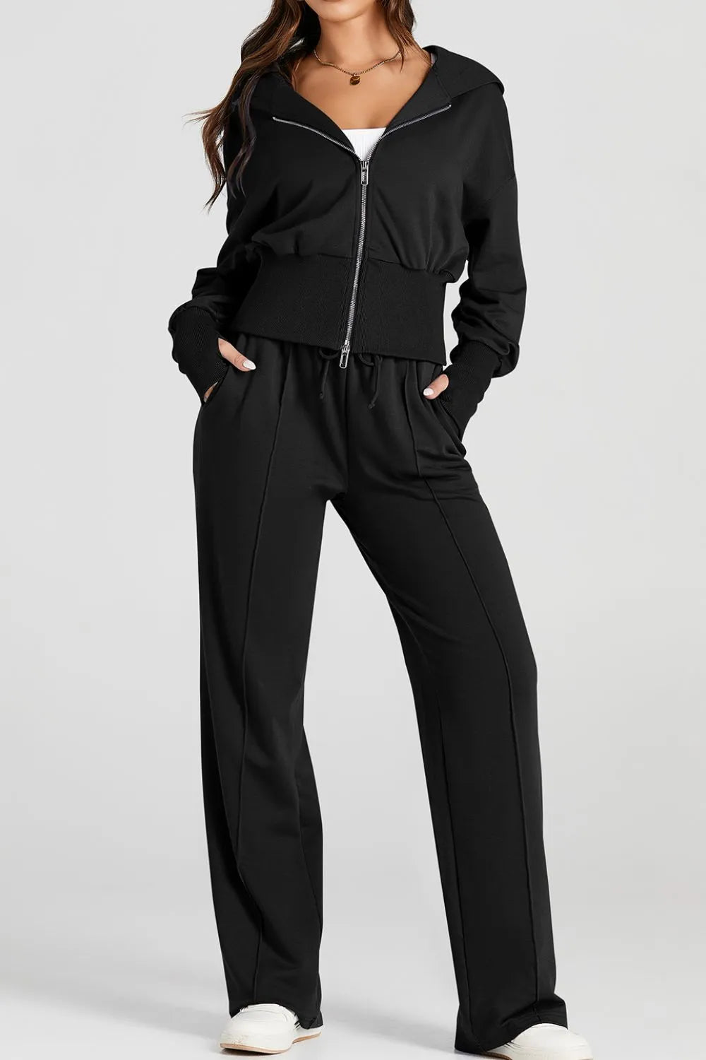Zip-Up Hoodie and Pants Active Set in black with drawstring waistband and zip front