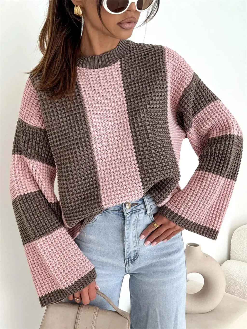 Color Block Long Sleeve Sweater by Belle Bijouix, oversized knit in pink and brown blocks.