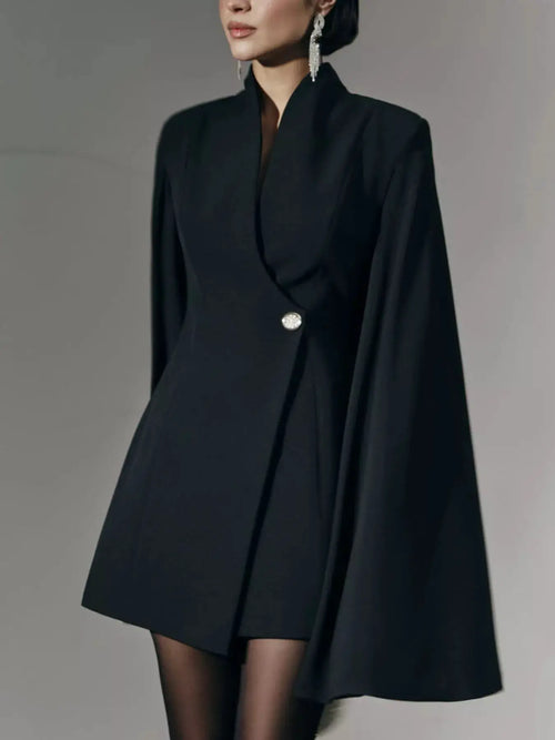One Button Fitted Mini Blazer Dress with Cape Sleeves in black by Belle Bijouix