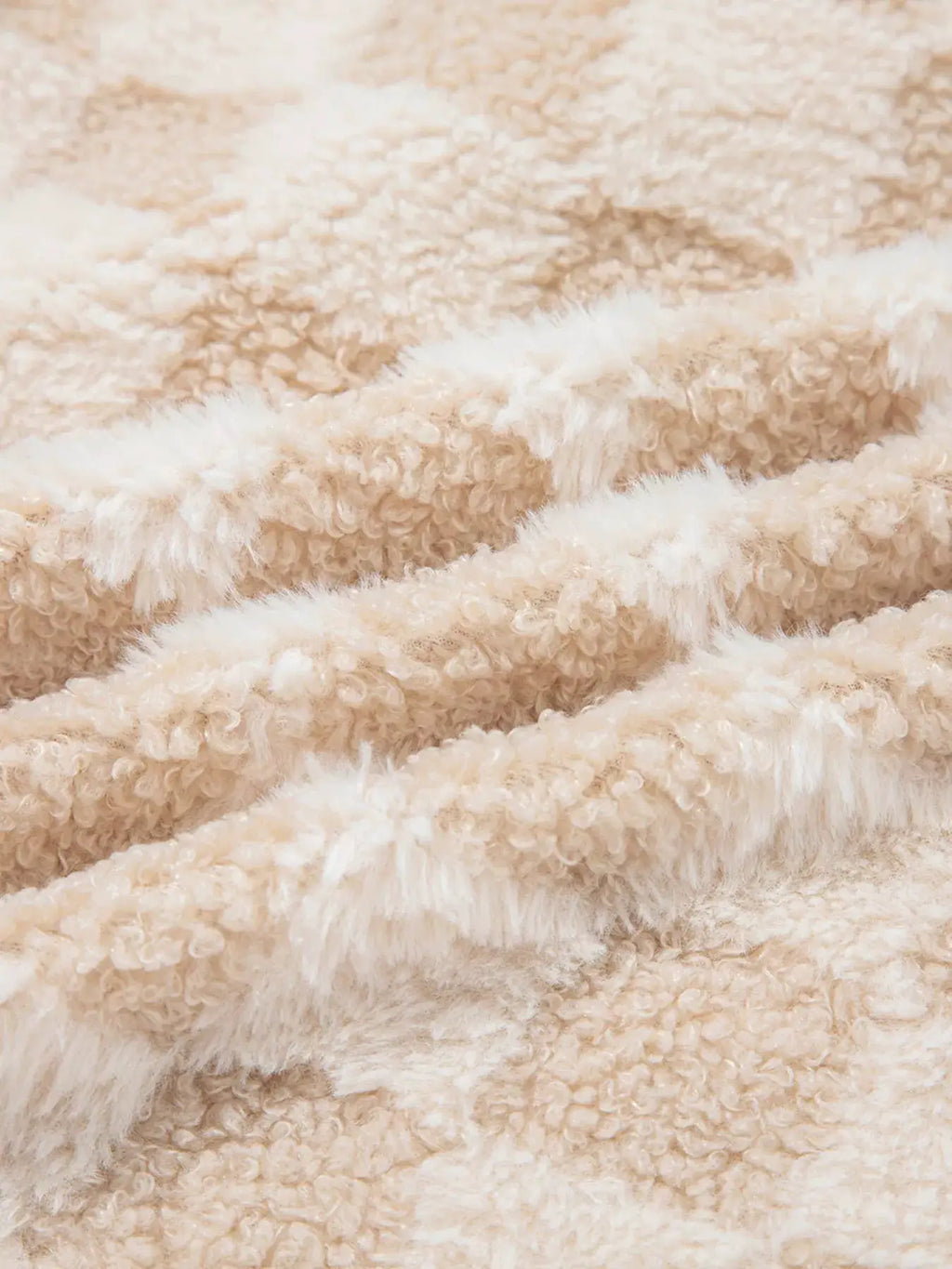 Checker Sherpa corduroy patchwork zip-up jacket, cream beige, pocketed