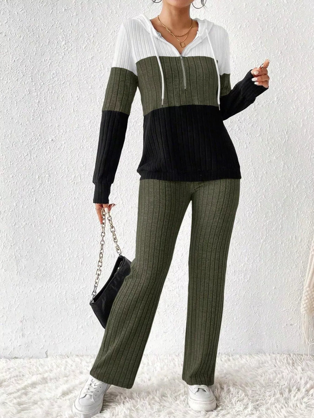 Color Block Half Zip Hooded Top and Pants Set by Belle Bijouix, white/olive/black ribbed knit activewear
