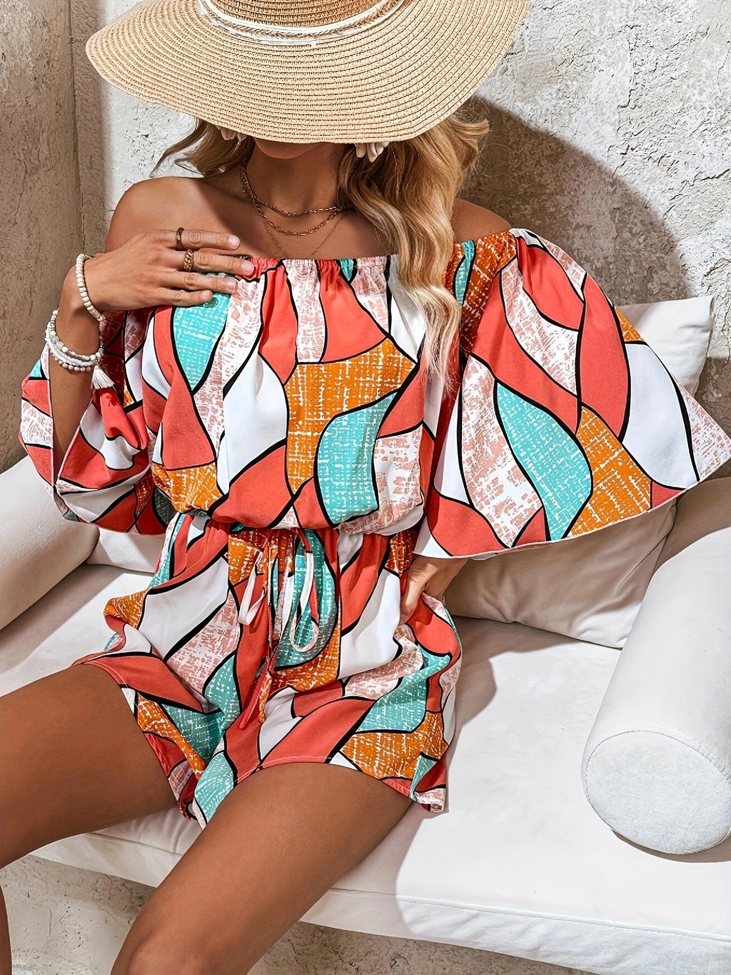 Off-Shoulder Drawstring Waist Romper by Bellebijouix in a vibrant abstract multicolor print