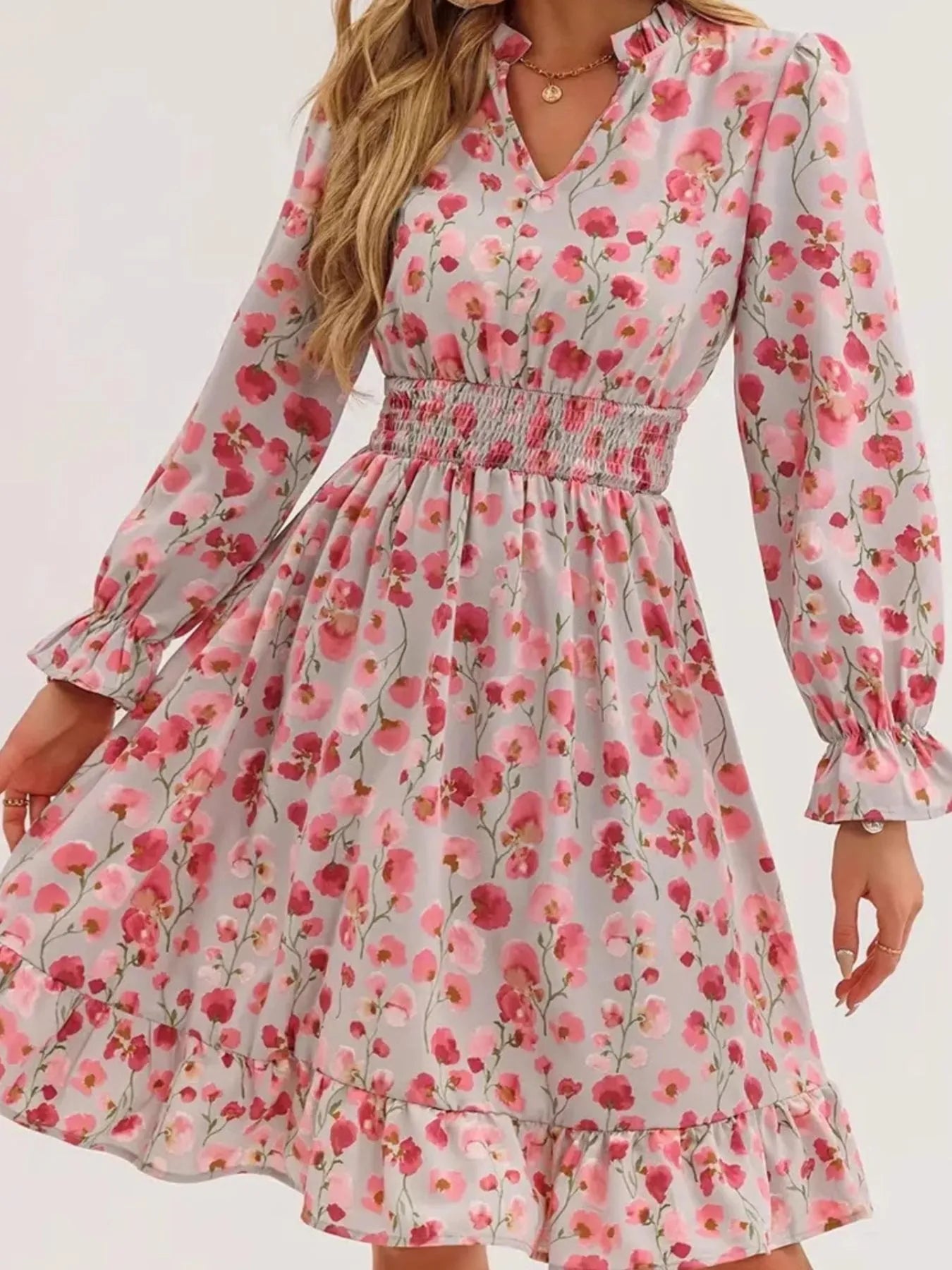 Floral Print Flounce Sleeve Ruffle Hem Dress by Belle Bijouix, pink floral with smocked waist.