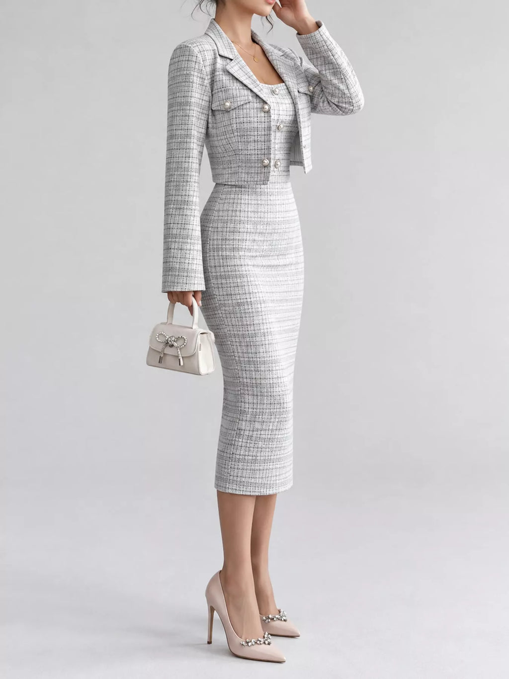 Tweed Square Neck Dress and Cardigan Set by Belle Bijouix – view 7 of 14