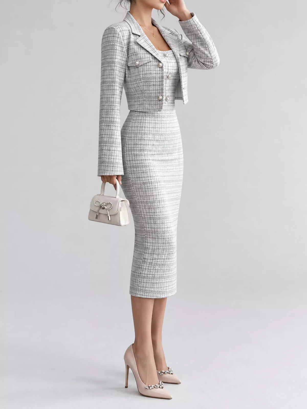 Tweed Square Neck Dress and Cardigan Set by Belle Bijouix – view 7 of 14