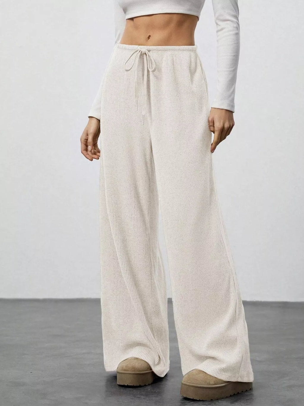 Relaxed Fit Drawstring Pants by Belle Bijouix, cream knit joggers with pockets
