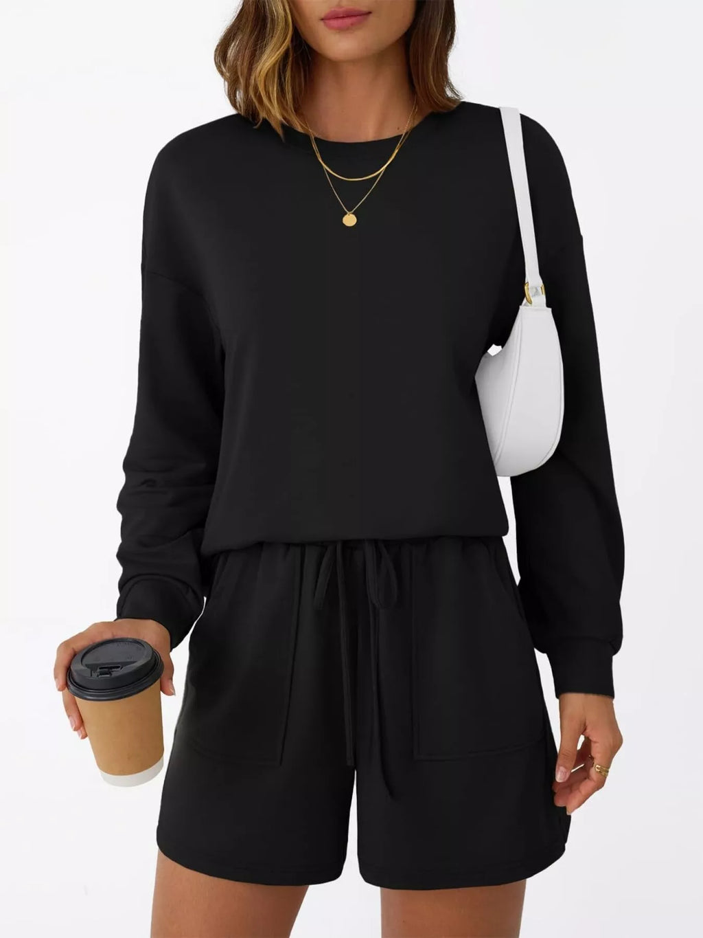 Round Neck Long Sleeve Top and Shorts Set, black two-piece activewear with drawstring waist and pockets