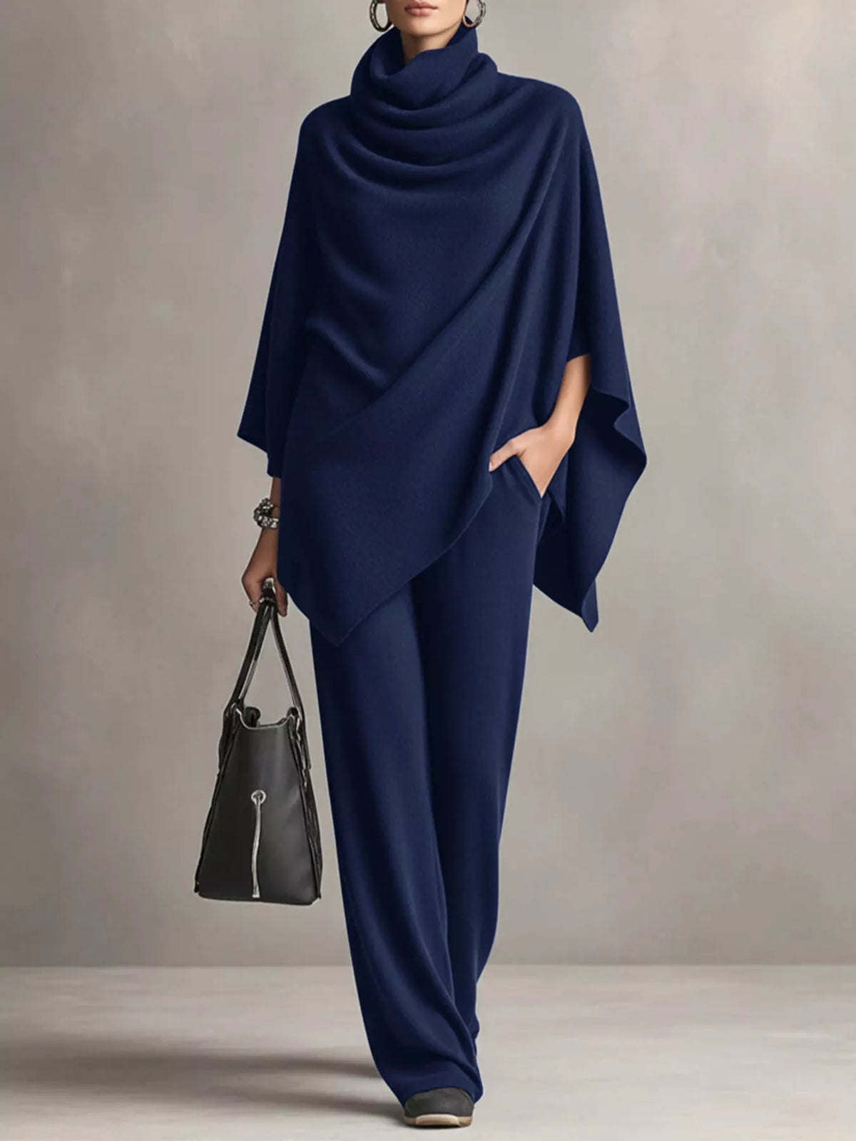 Turtleneck Poncho & Wide-Leg Pants Set in Blue by Belle Bijouix – view 19 of 24