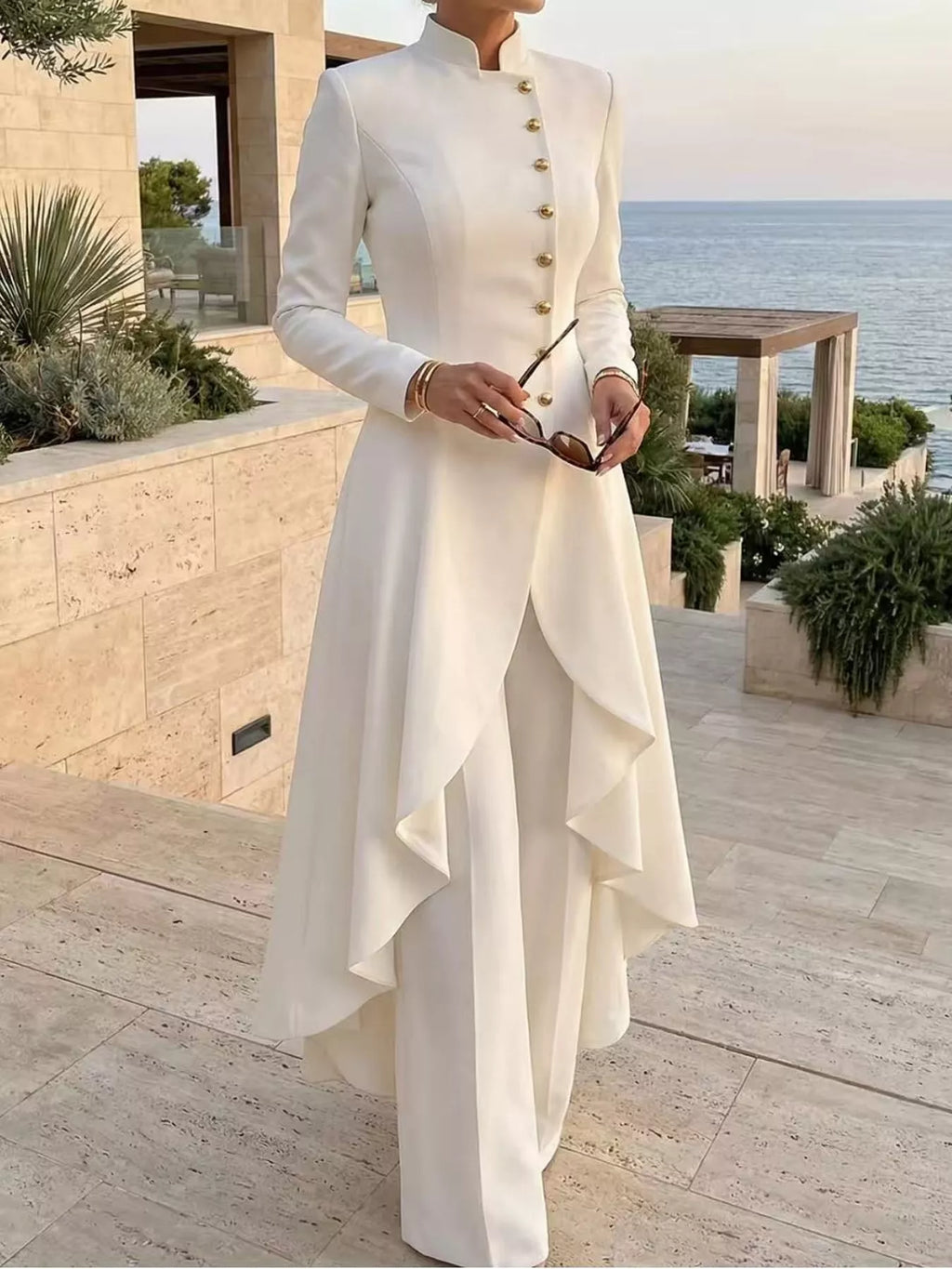 Ruffled High-Low Button Tunic & Wide-Leg Pants Set in White by Belle Bijouix – view 4 of 82