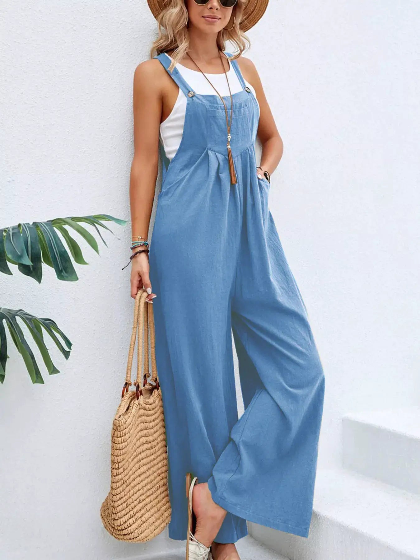 Overalls by Belle Bijouix in blue denim, wide-leg with pockets, plus size