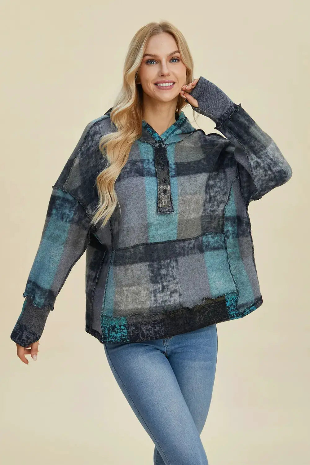 Double Take plaid fleece hoodie with dropped-shoulder, teal and gray patchwork.