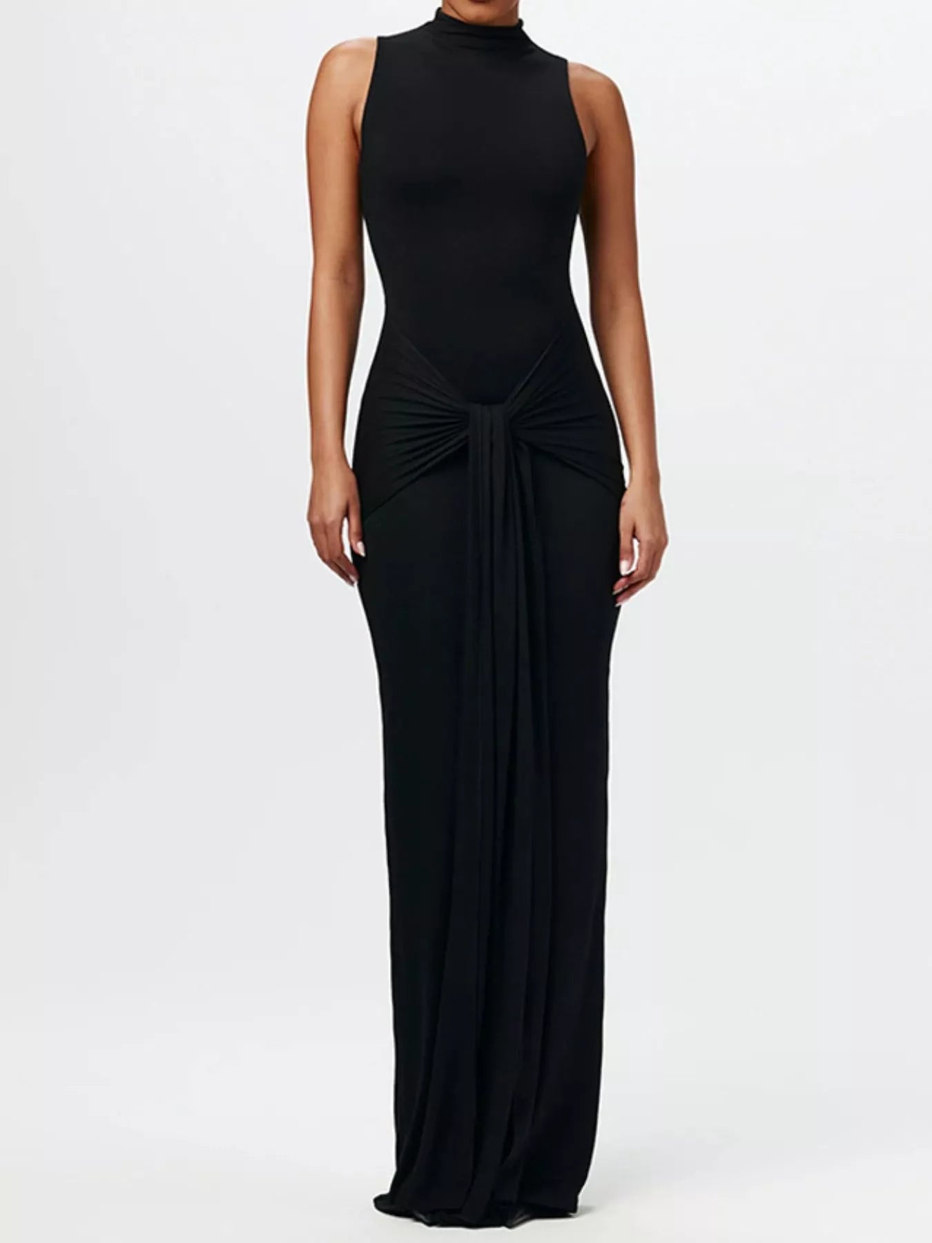 Sleeveless mock-neck knot-front maxi dress by Belle Bijouix in black
