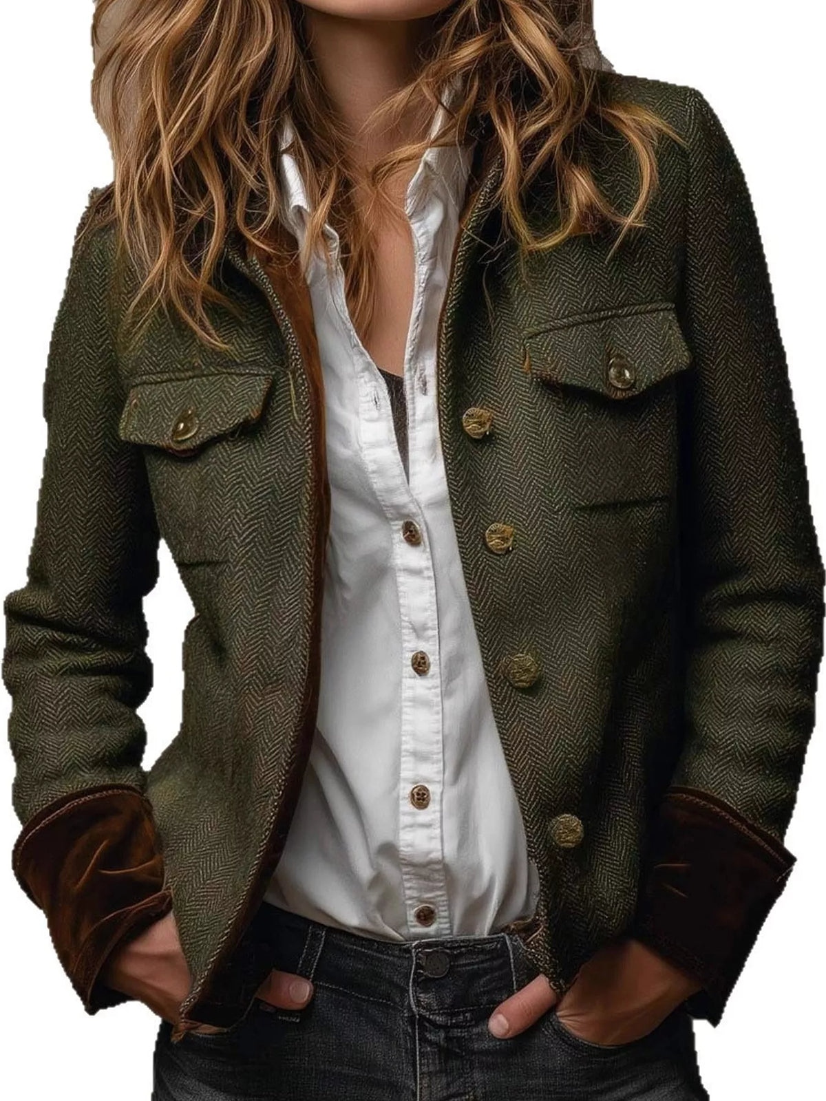 Herringbone Tweed Blazer with Velvet Cuffs in Army Green by Belle Bijouix – view 3 of 10