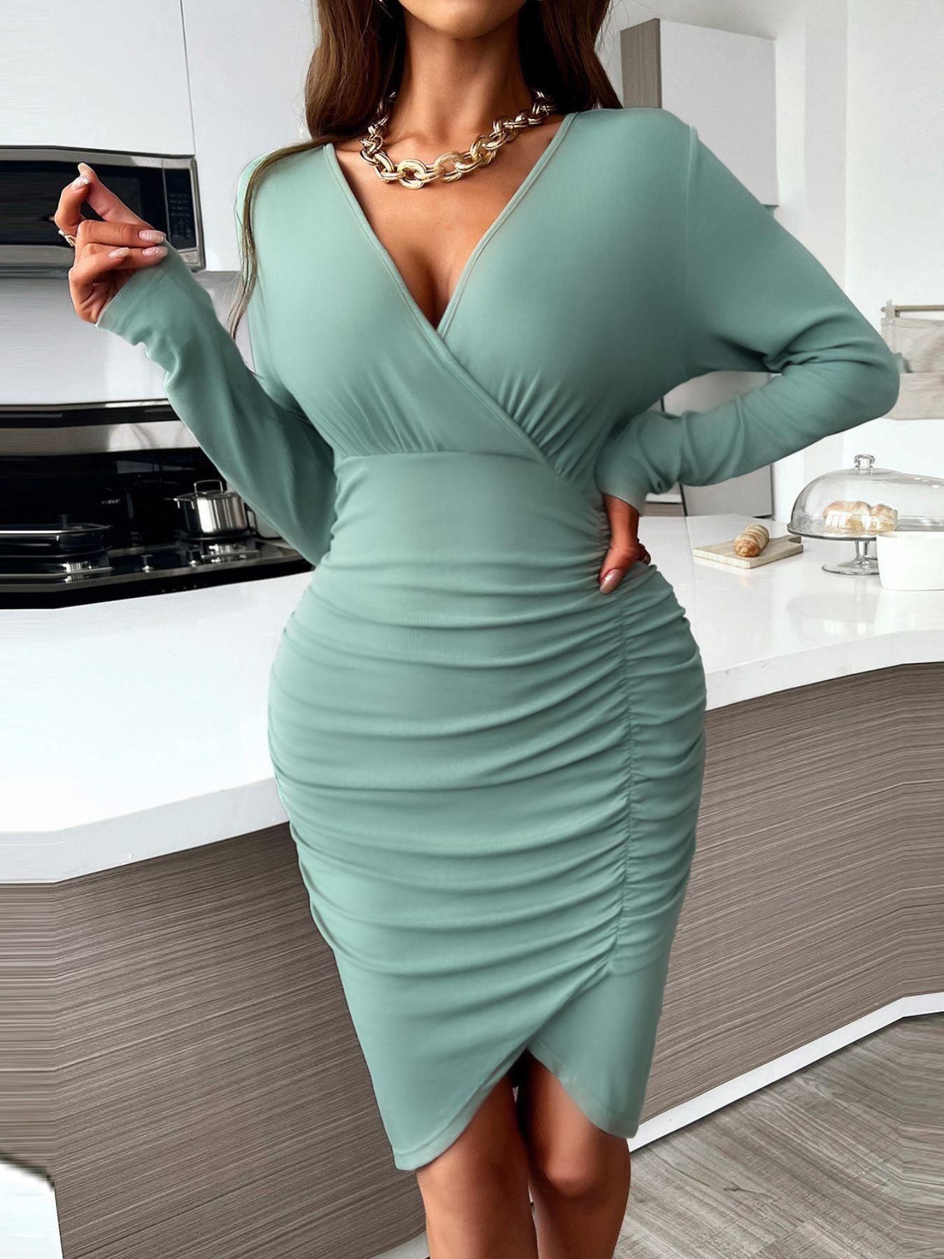 Full Size Ruched Surplice Bodycon Dress Plus Size in sage green with front slit