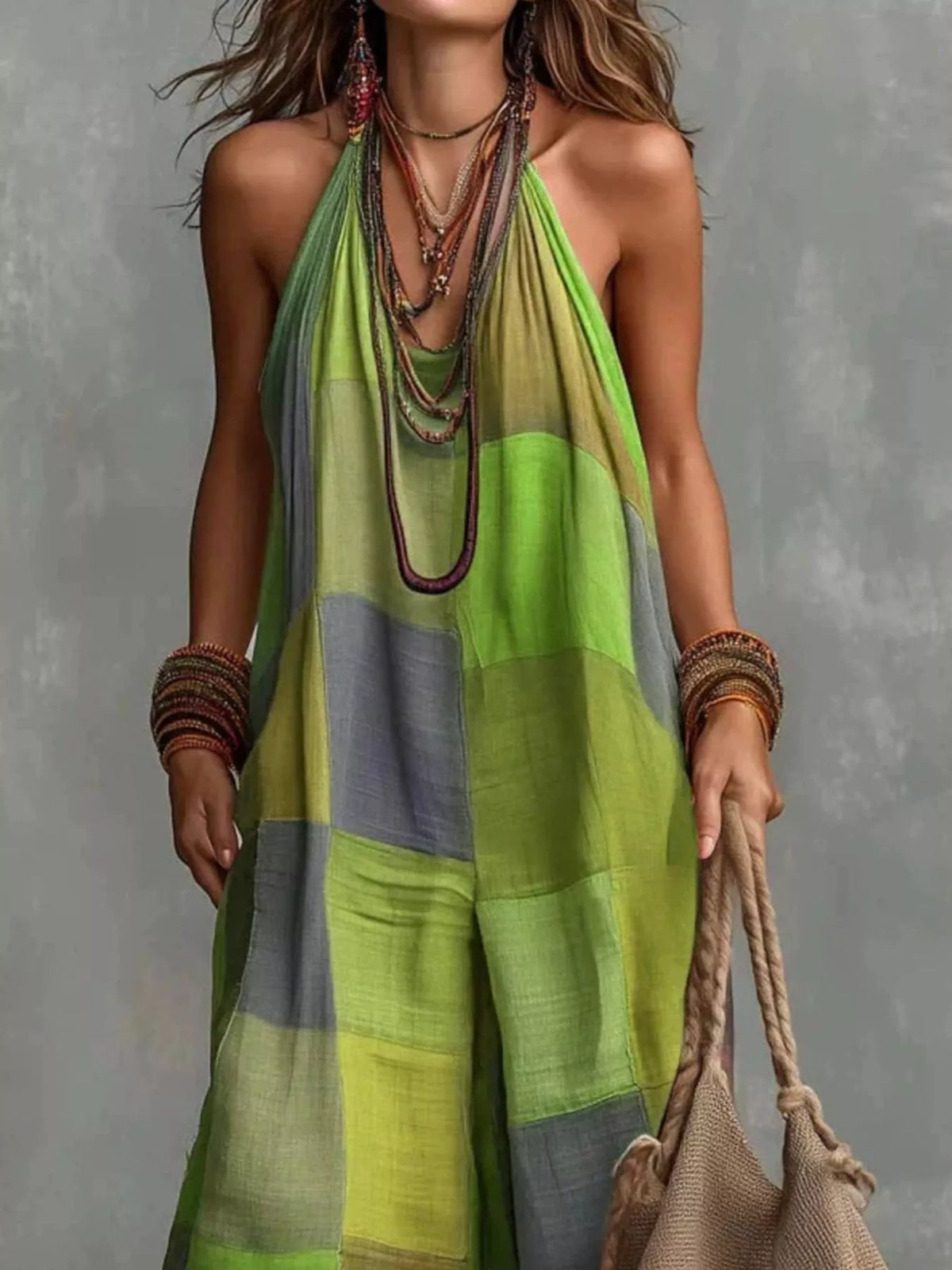 Plaid Halter Neck Wide-Leg Jumpsuit