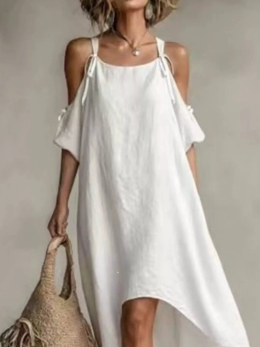 High-Low Cold Shoulder Maxi Dress in white with thin shoulder straps