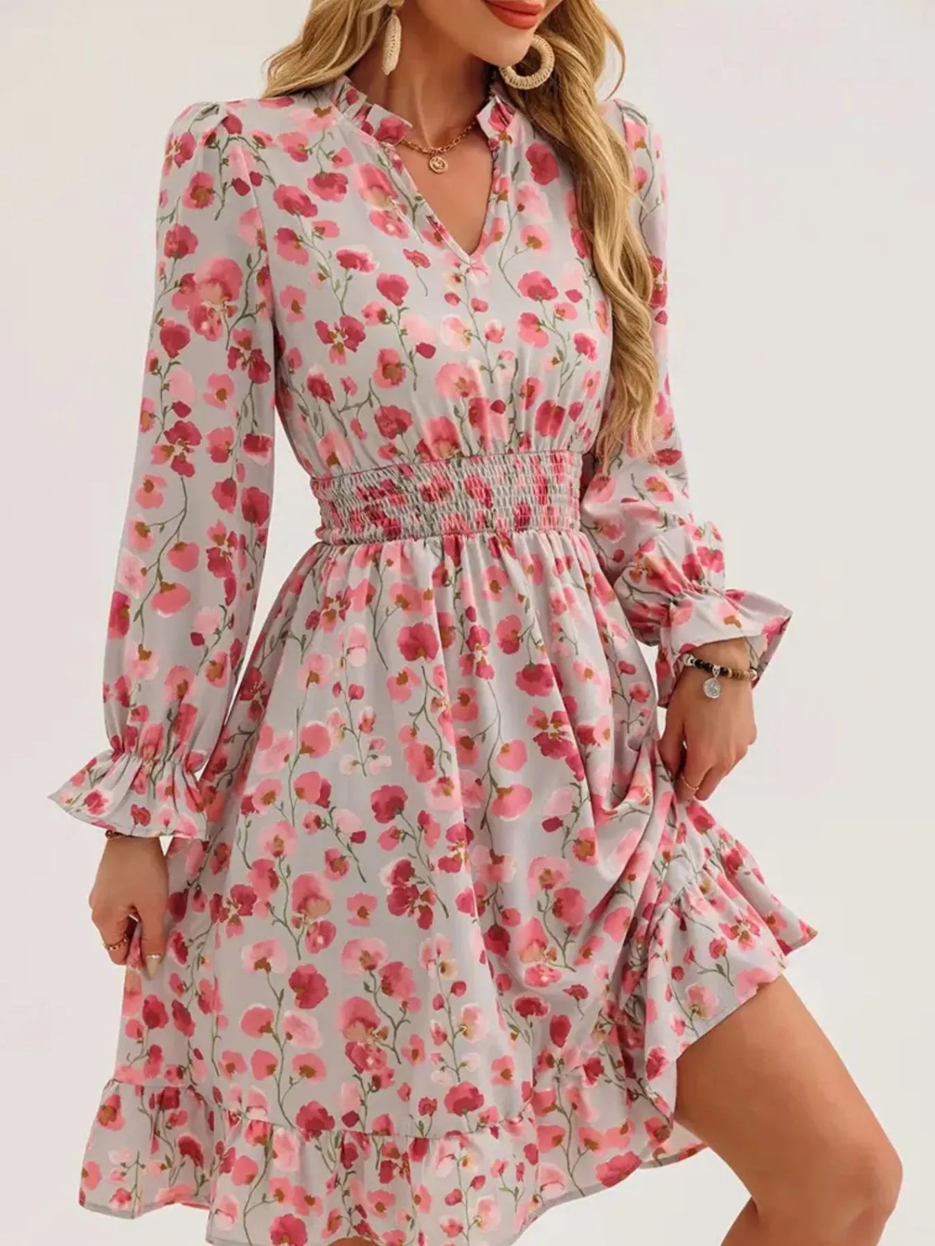Floral Print Flounce Sleeve Ruffle Hem Dress with smocked waist, pink flowers on light gray, long sleeves.