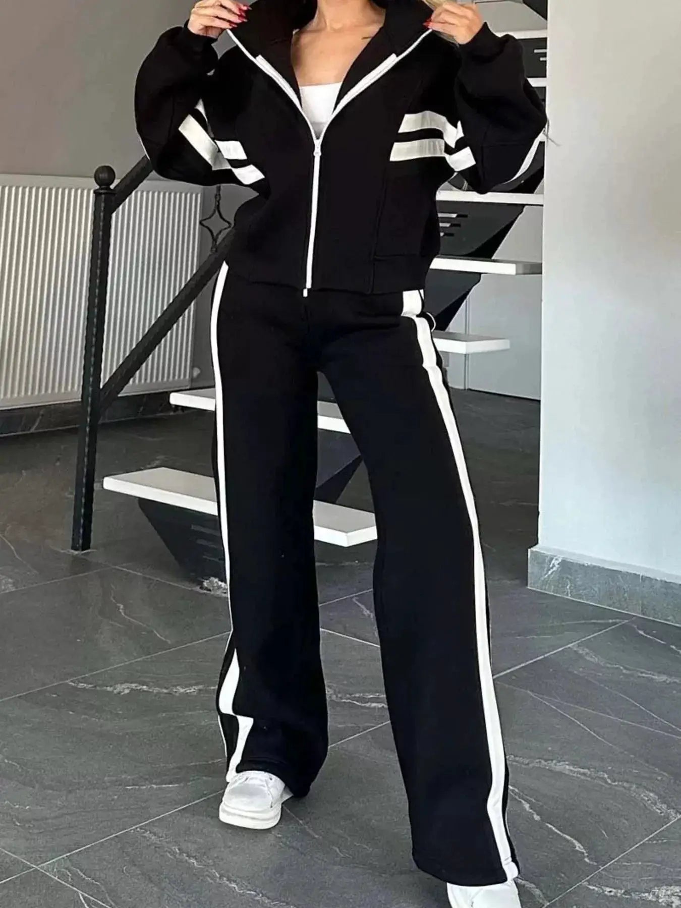 Full Size Striped Zip-Up Jacket and Pants Set Plus Size; black with white stripes, two-piece activewear