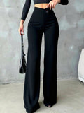 High waist wide-leg pants in black with front button detail, full-length silhouette